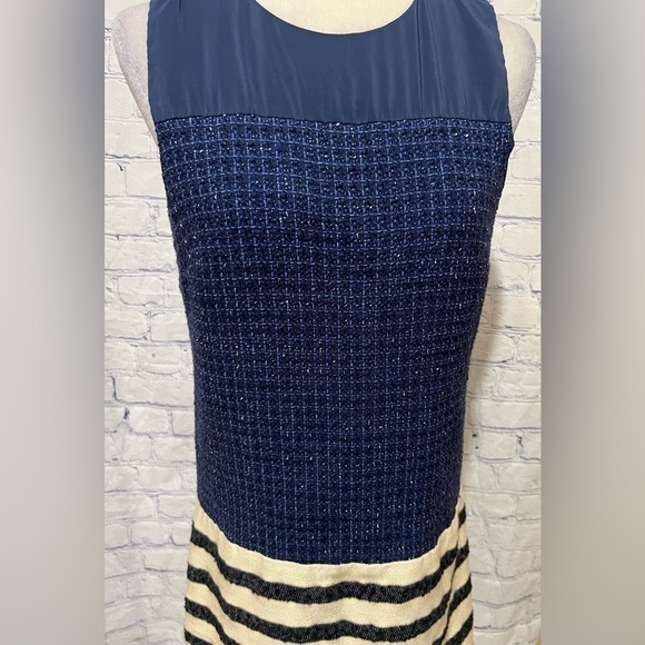 Boston Proper Preppy Shift Dress in Blue Tweed and Stripes Size 8 - Picture 2 of 8